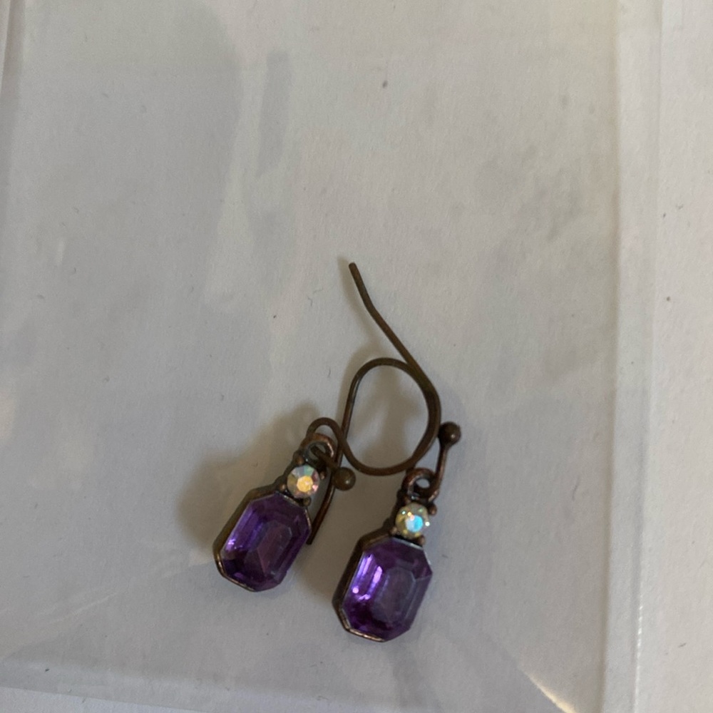 Vintage Purple Gemstone Bronze Dangle Earrings
